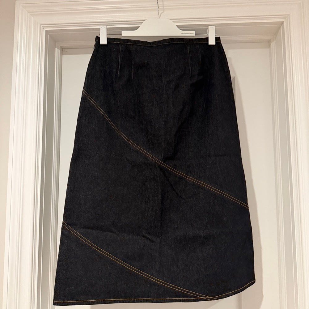 LOFT Dark Blue Denim Midi Skirt with Contrast Stitching